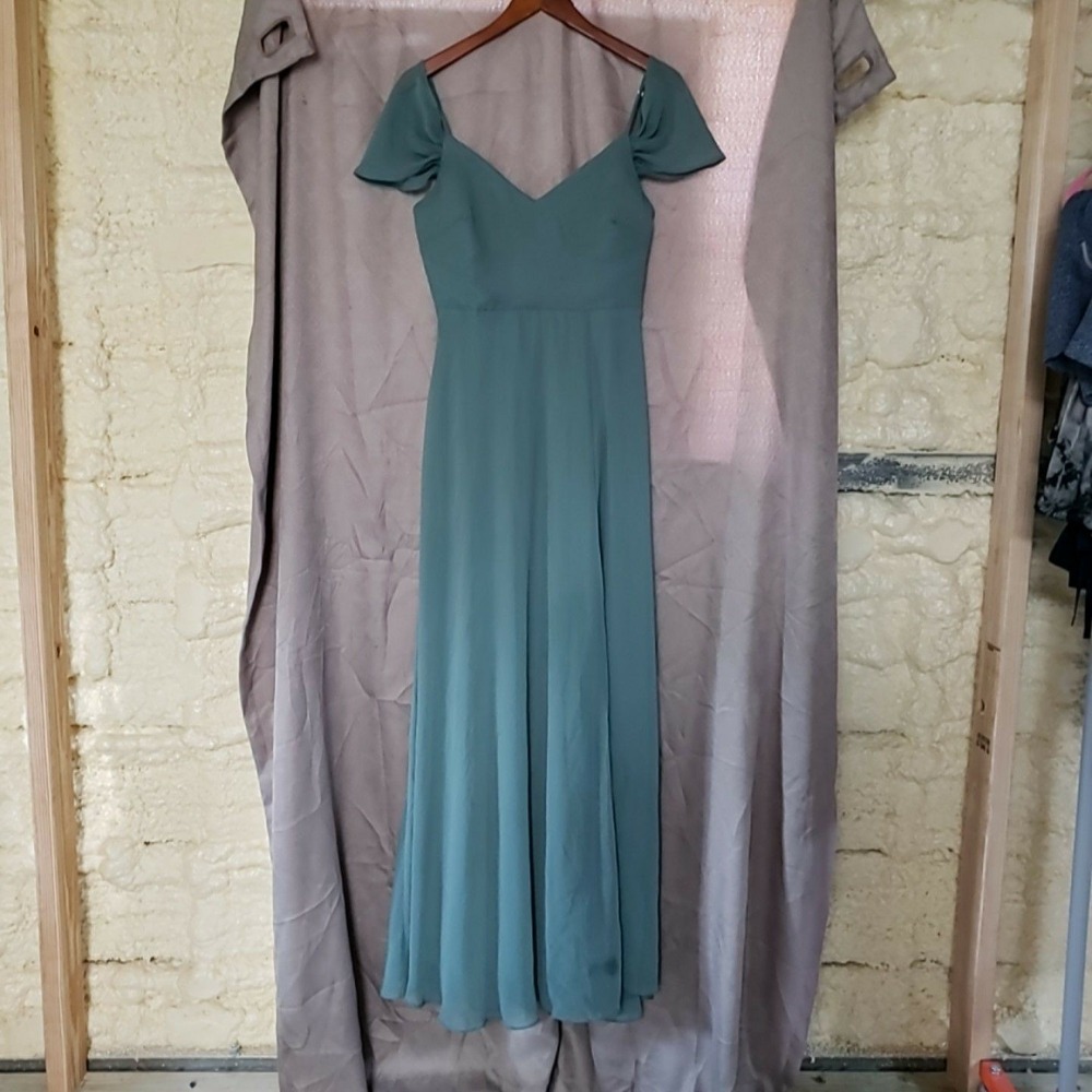 Birdy Grey Dress Womens Small Green Solid Flutter Sleeve Sweetheart Maxi Chiffon